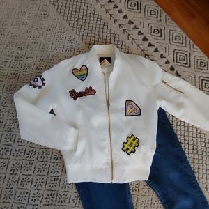 NWT Love Tree White Nylon Patch Bomber Jacket.